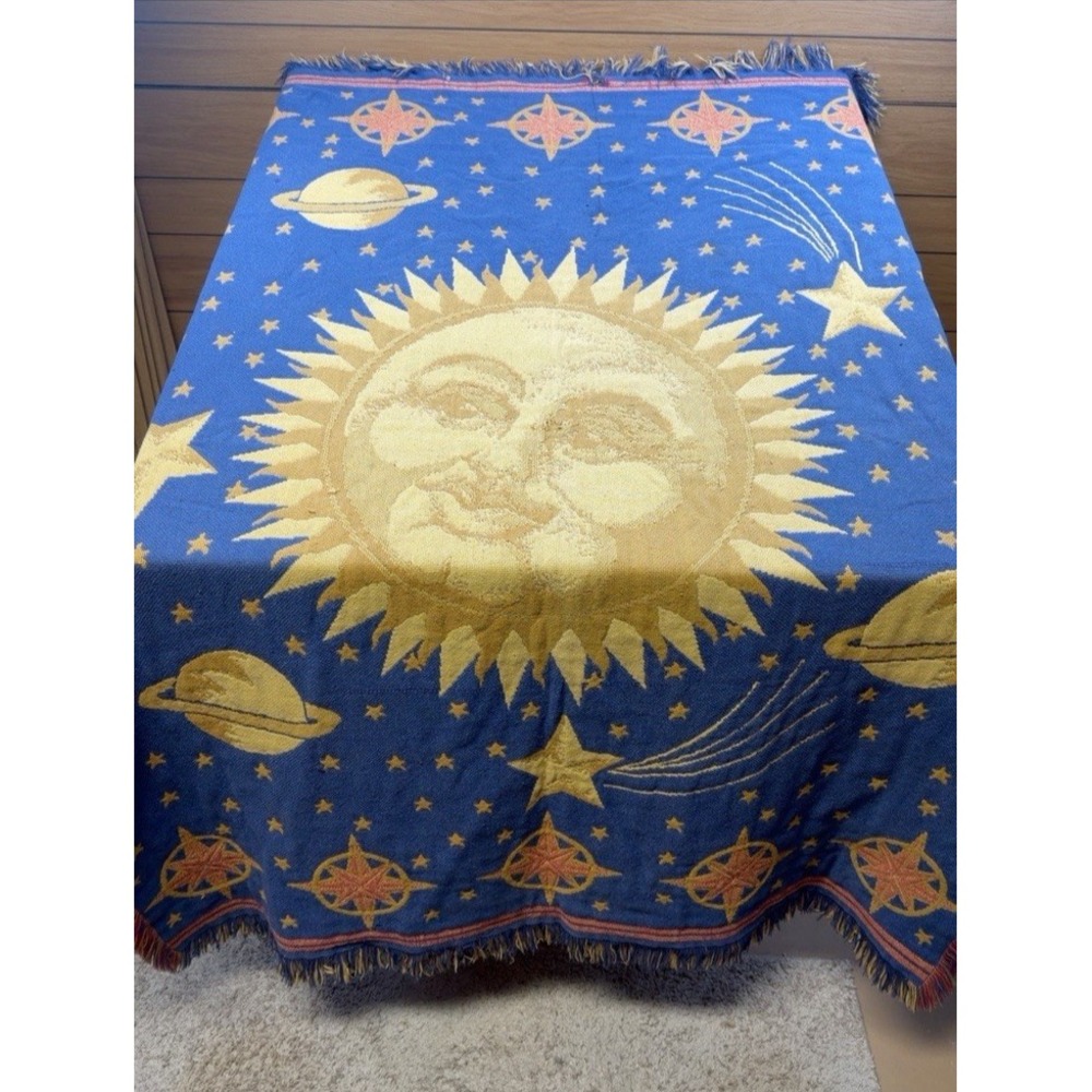 VTG Celestial Sun Moon Stars Reversible Tapestry Throw Blanket Fringe 70 x50